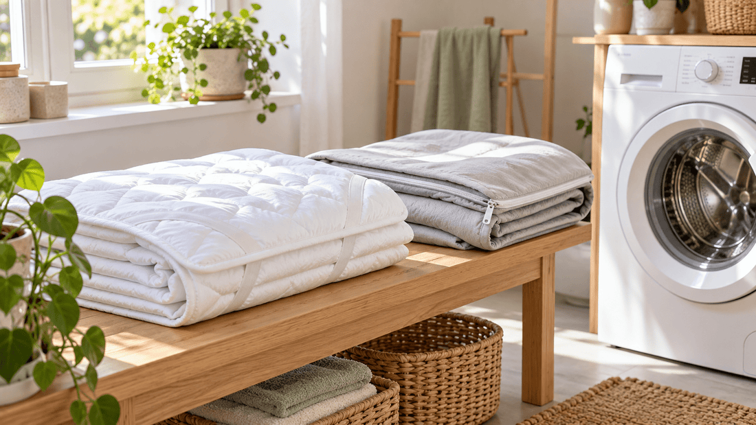 Topper waschen: gefalteter Matratzenschoner und abgenommener Topper-Bezug neben der Waschmaschine