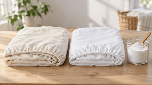 Vergleich eines vergilbten und eines strahlend weißen Baumwoll-Spannbettlakens
