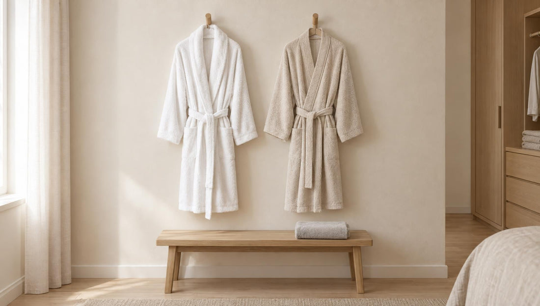 Welcher Bademantel passt: weißer Bademantel mit Schalkragen und beiger Kimono-Bademantel nebeneinander