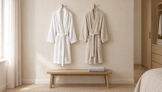 Welcher Bademantel passt: weißer Bademantel mit Schalkragen und beiger Kimono-Bademantel nebeneinander