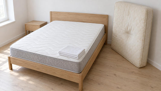 Neue Matratze auf dem Bett, daneben eine alte Matratze mit Kuhle: Wie oft Matratze wechseln?