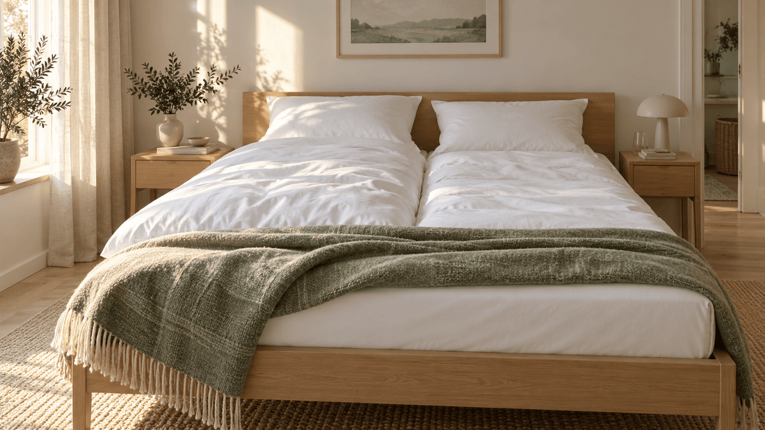 Doppelbett mit zwei Bettdecken statt einer großen Bettdecke im skandinavischen Schlafzimmer