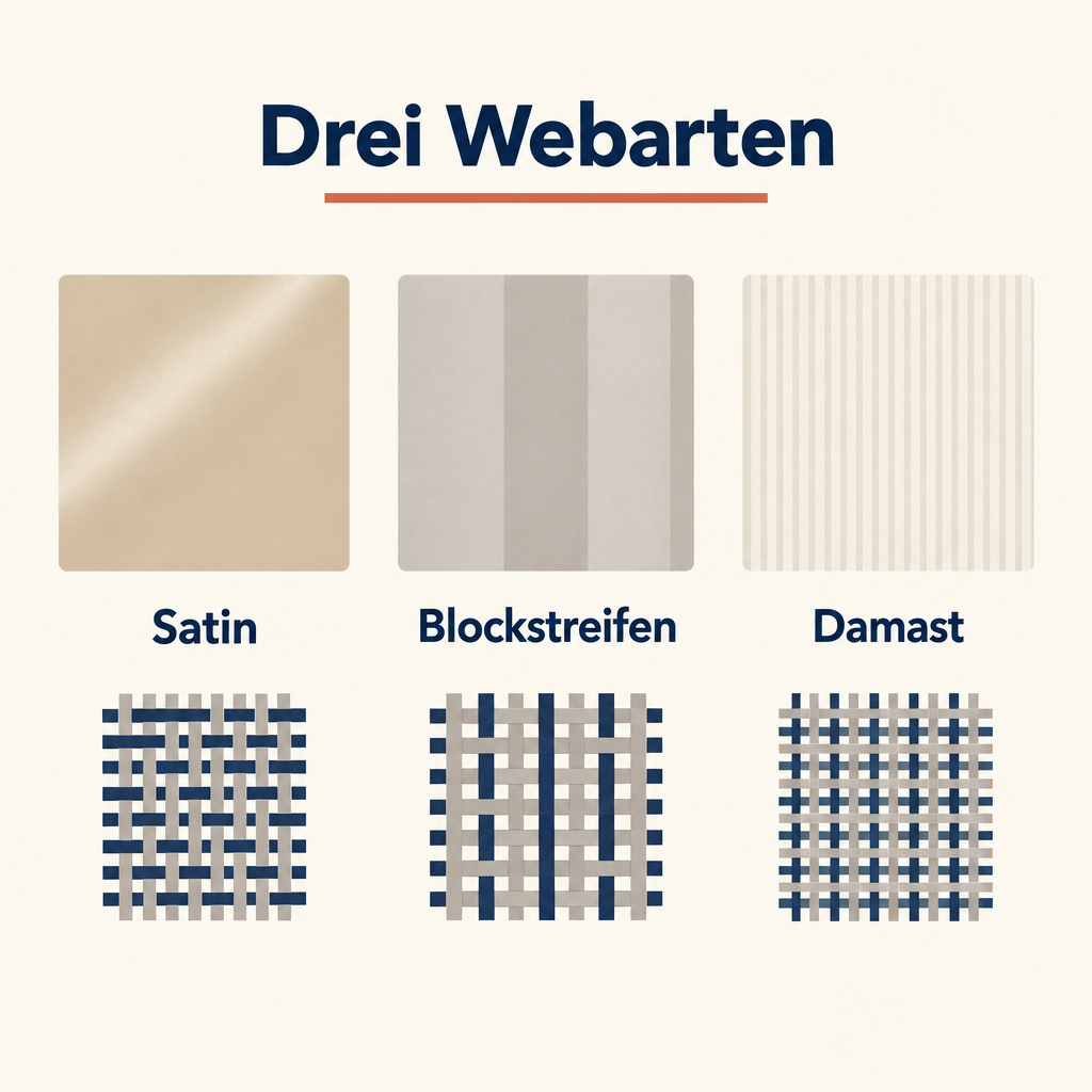 Grafik: 135 x 200 Bettwäsche in den Webarten Satin, Blockstreifen und Damast