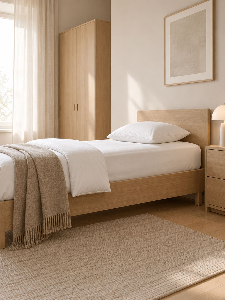 Breites Einzelbett mit weißem 140x200 Spannbettlaken und sandfarbenem Plaid