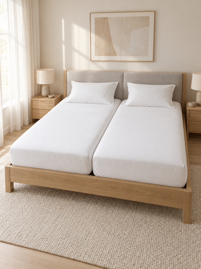 180x200 Spannbettlaken auf zwei einzelnen Matratzen in einem Doppelbett aus heller Eiche