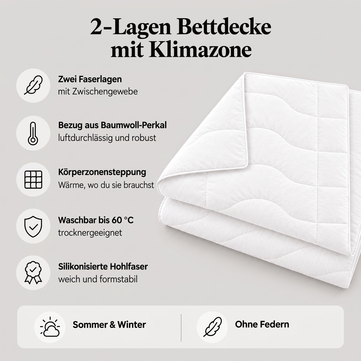 Eigenschaften der 2-Lagen Bettdecke mit Klimazone