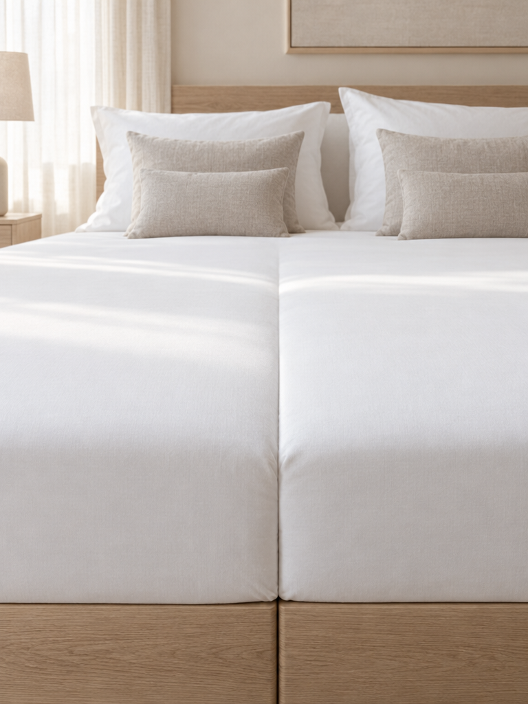 200x200 Spannbettlaken oder zwei Laken: zwei Matratzen nebeneinander im großen Bett