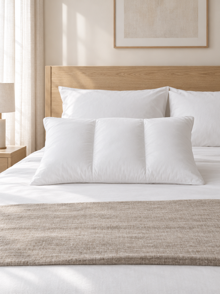 3 Kammer Kopfkissen mit sichtbaren Kammern auf einem hellen Bett