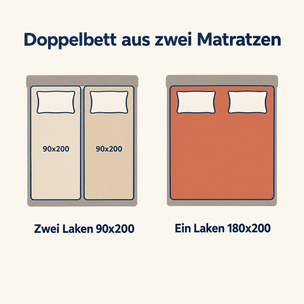 Grafik: Zwei 90x200 Spannbettlaken oder ein Laken 180x200 im Doppelbett aus zwei Matratzen