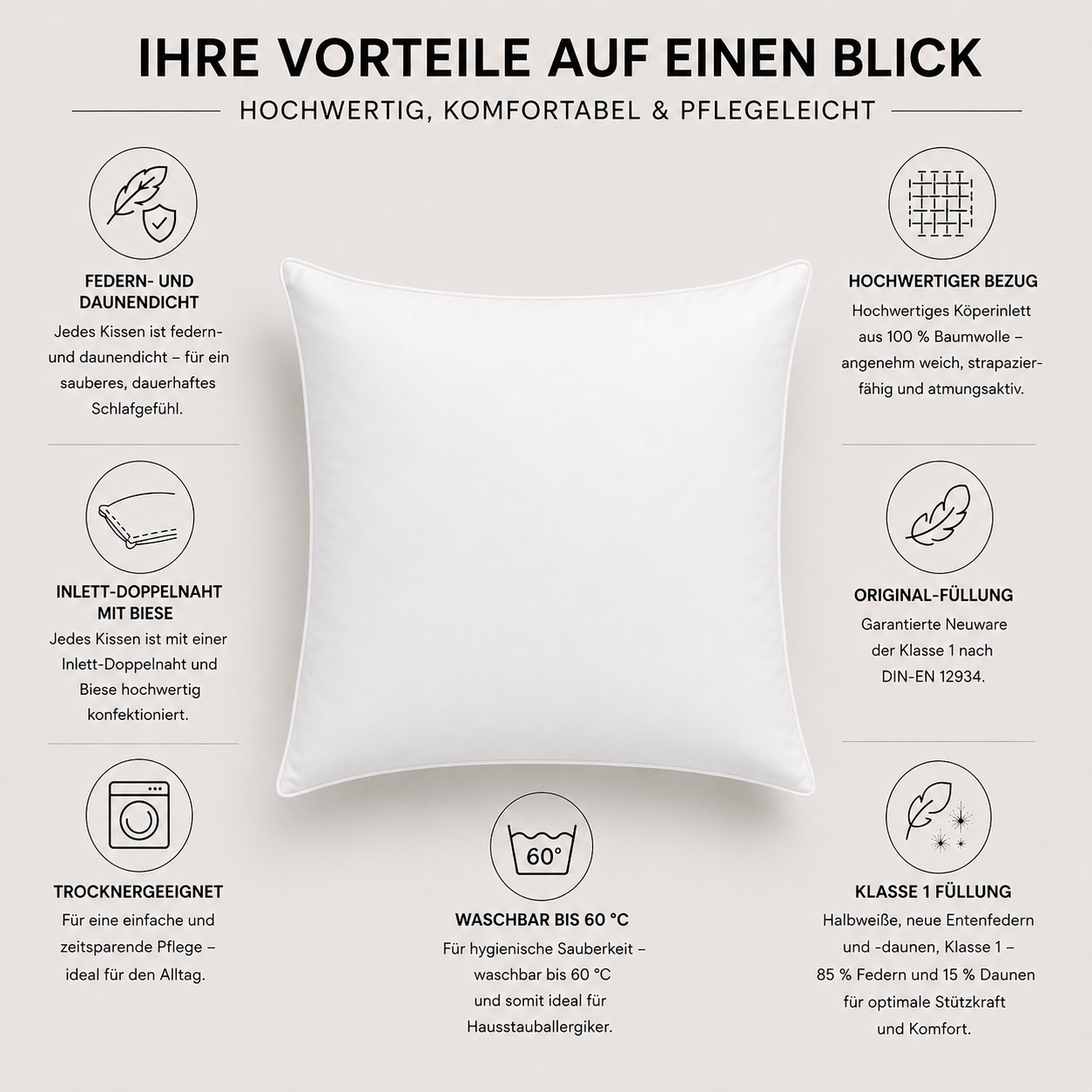 Premium Entenfedern Kopfkissen in Hotelqualität