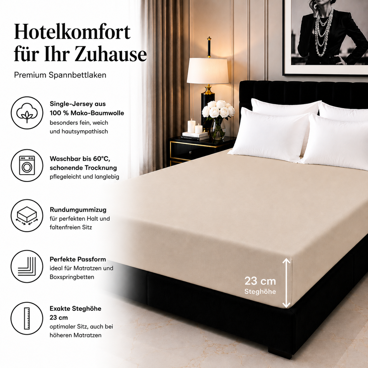 Spannbettlaken_beige_Baumwolle_23cm_Steghoehe_Matratzenhoehe