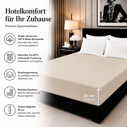 Spannbettlaken_beige_Baumwolle_30cm_Steghoehe_Matratzenhoehe