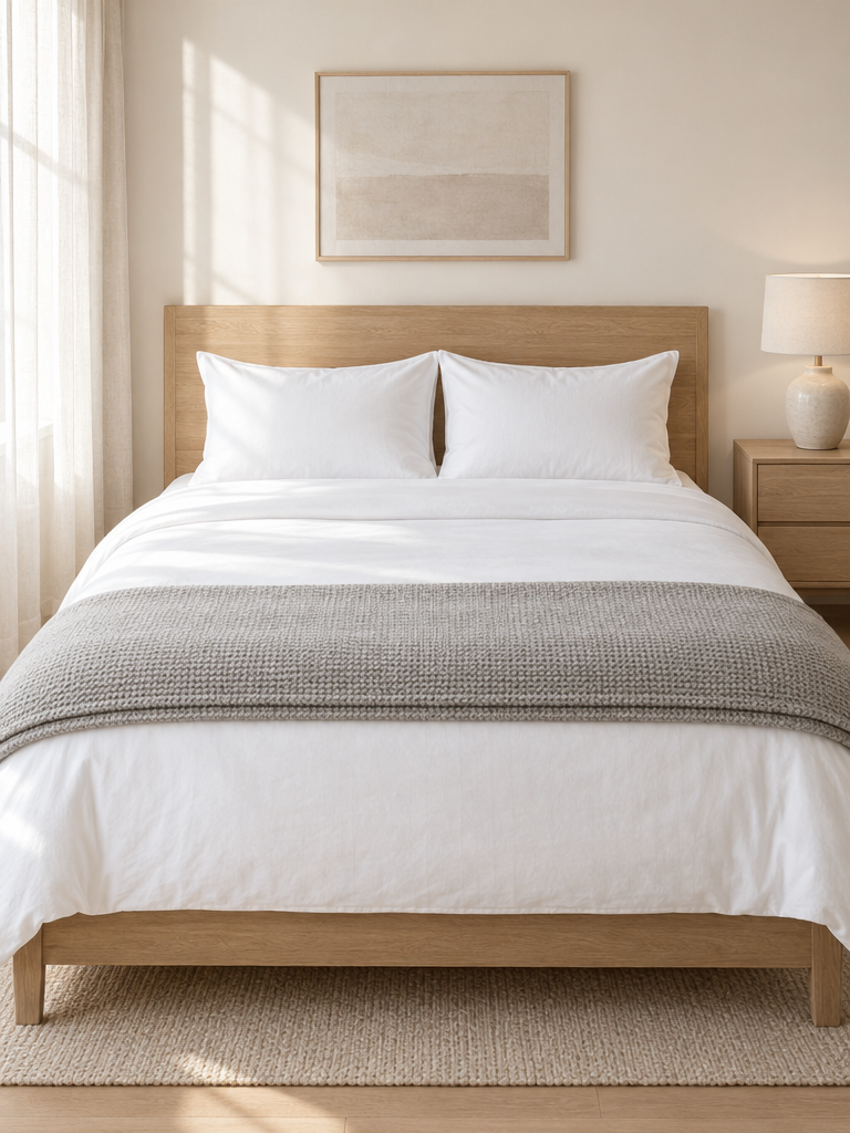 Allergiker Kissen mit Faserfüllung auf einem hellen Bett mit Eichenkopfteil