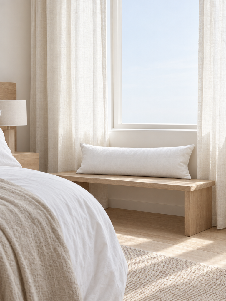 Allergiker Kopfkissen 40x80 auf einer Holzbank am hellen Fenster