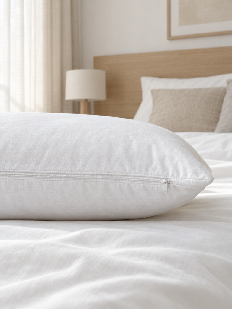 Allergiker Kopfkissen mit Reißverschluss an der Seite auf dem Bett