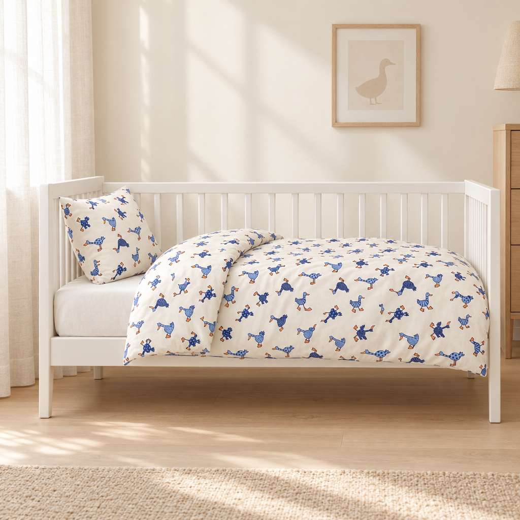 Baby Bettwäsche 100x135 mit Enten im weißen Babybett