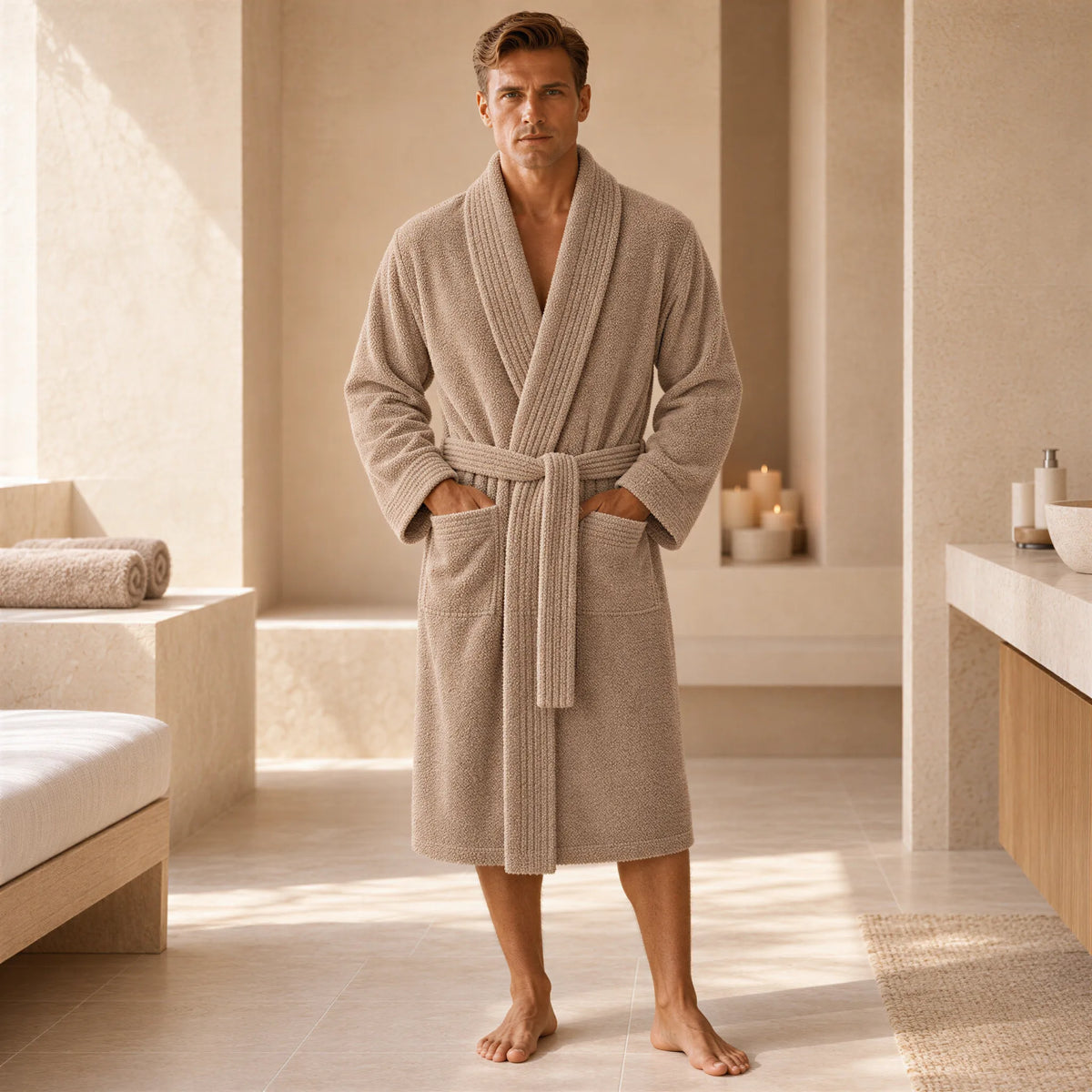 Bademantel cappuccino braun aus Walkfrottee in Kimono-Form – getragen im hellen Badezimmer