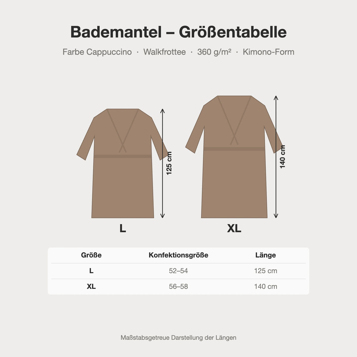 Größentabelle Bademantel cappuccino braun aus Walkfrottee in Kimono-Form: L, XL