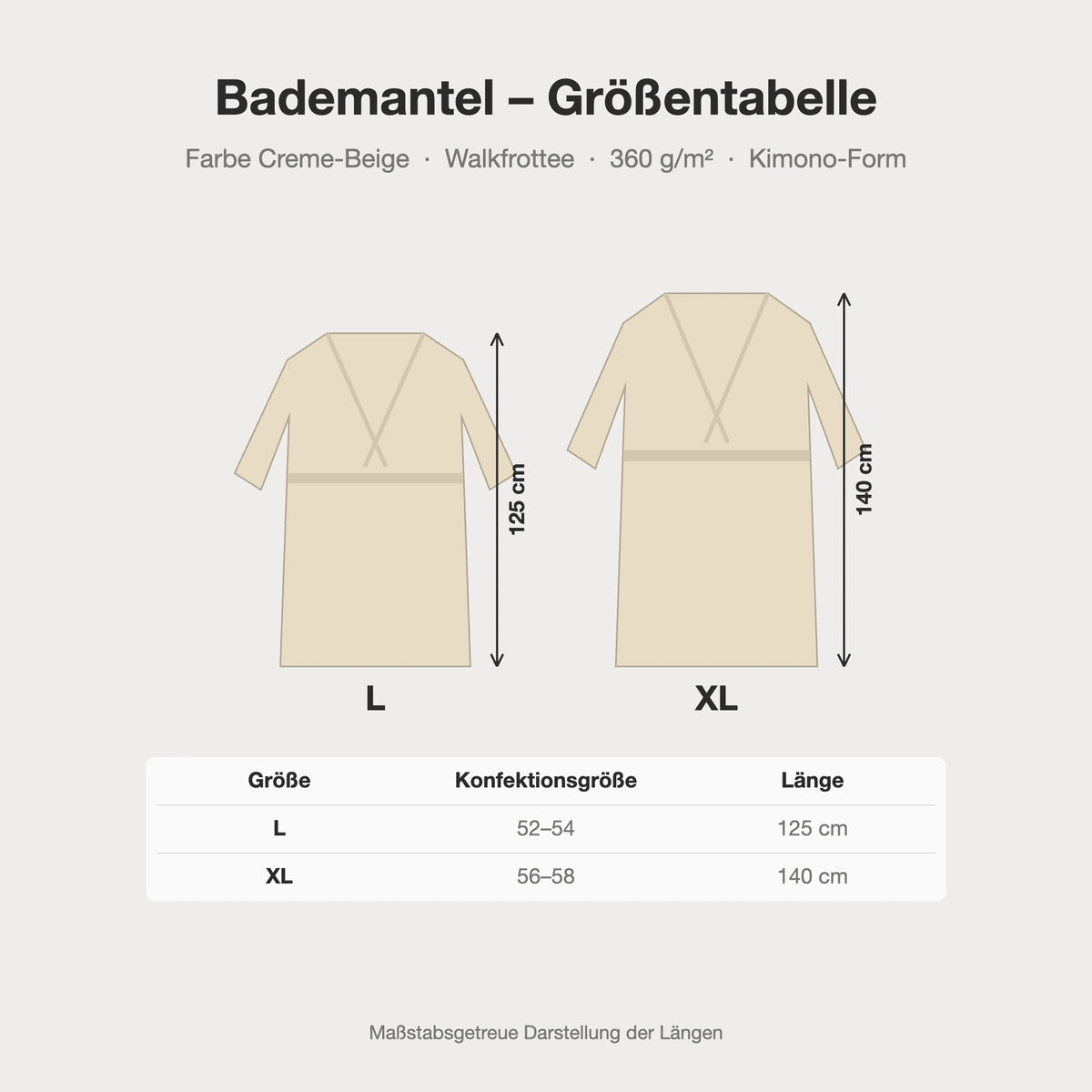 Größentabelle Bademantel creme beige aus Walkfrottee in Kimono-Form: L, XL