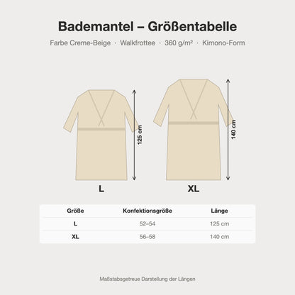 Größentabelle Bademantel creme beige aus Walkfrottee in Kimono-Form: L, XL