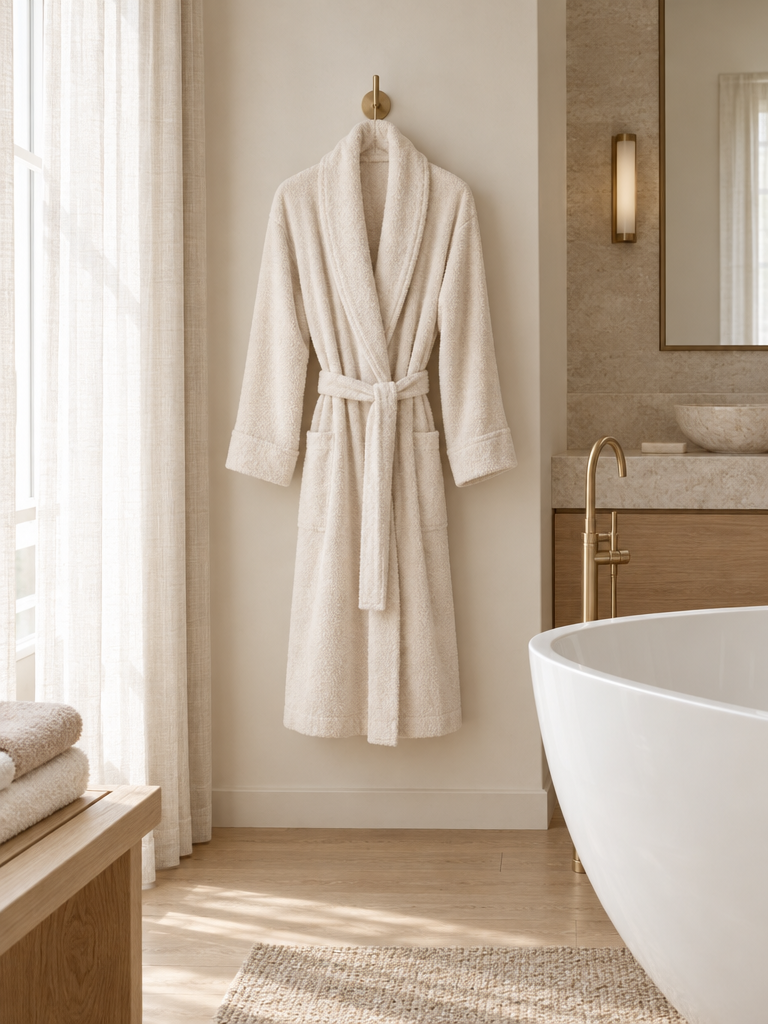 Bademantel Damen aus Frottee in Creme hängt an einem Haken im hellen Bad