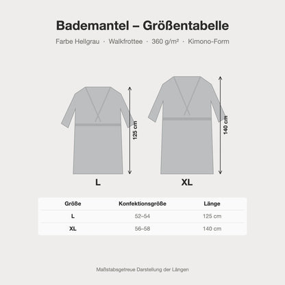 Größentabelle Bademantel hellgrau aus Walkfrottee in Kimono-Form: L, XL