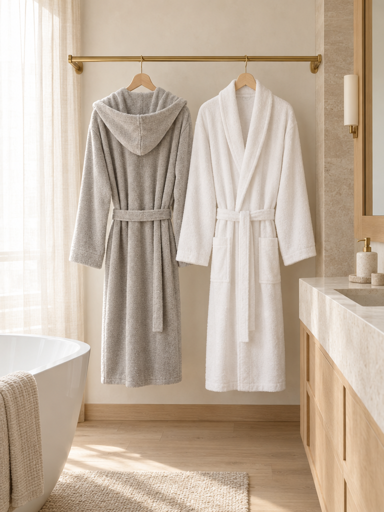 Bademantel Herren mit Kapuze in Grau neben einem Modell mit Schalkragen in Weiß