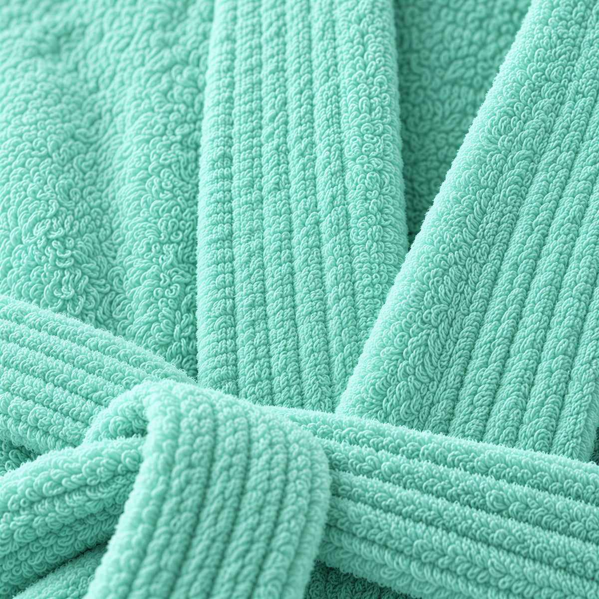 Nahaufnahme von Stoff und Gürtel – Bademantel mintgrün aus Walkfrottee in Kimono-Form