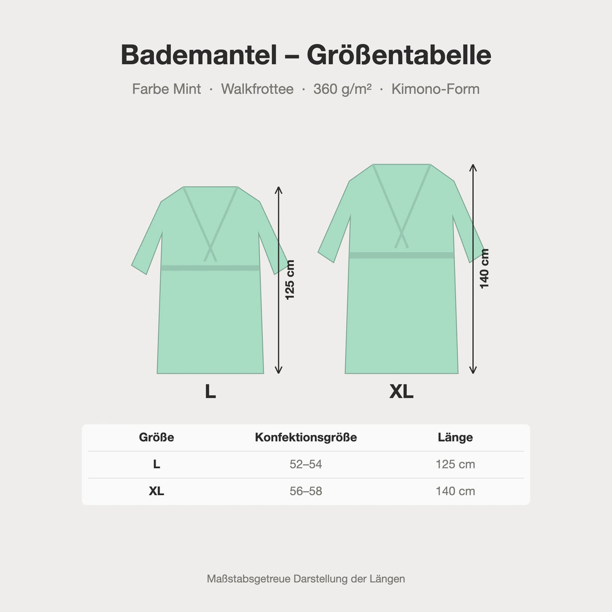 Größentabelle Bademantel mintgrün aus Walkfrottee in Kimono-Form: L, XL