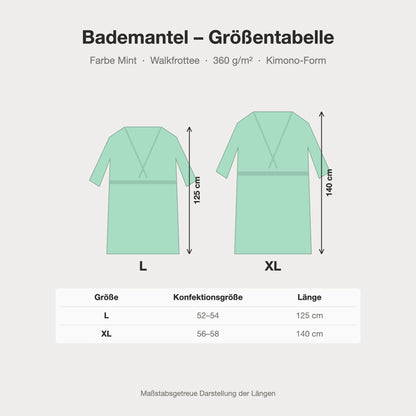 Größentabelle Bademantel mintgrün aus Walkfrottee in Kimono-Form: L, XL