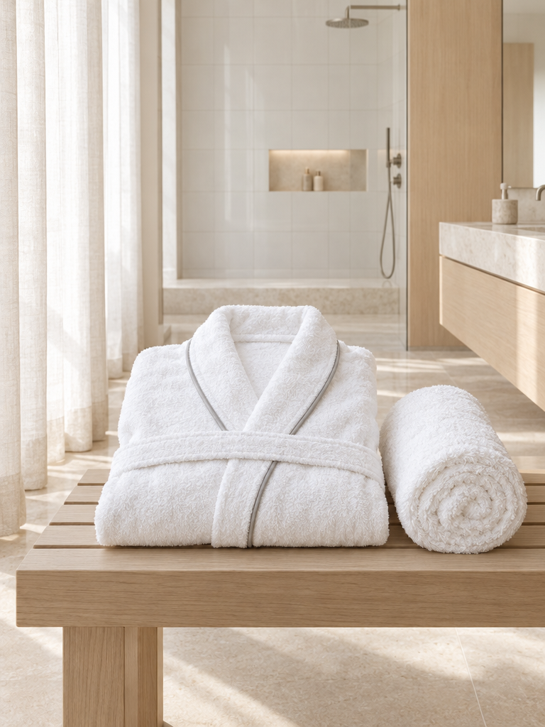 Bademantel und Saunatuch als Sauna-Set auf einer Holzbank
