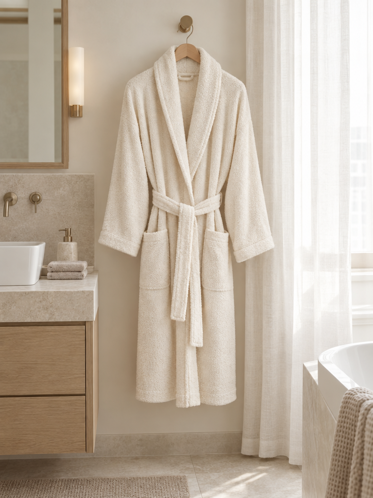 Frisch gewaschener Bademantel für Damen in Creme hängt zum Trocknen auf einem Holzbügel