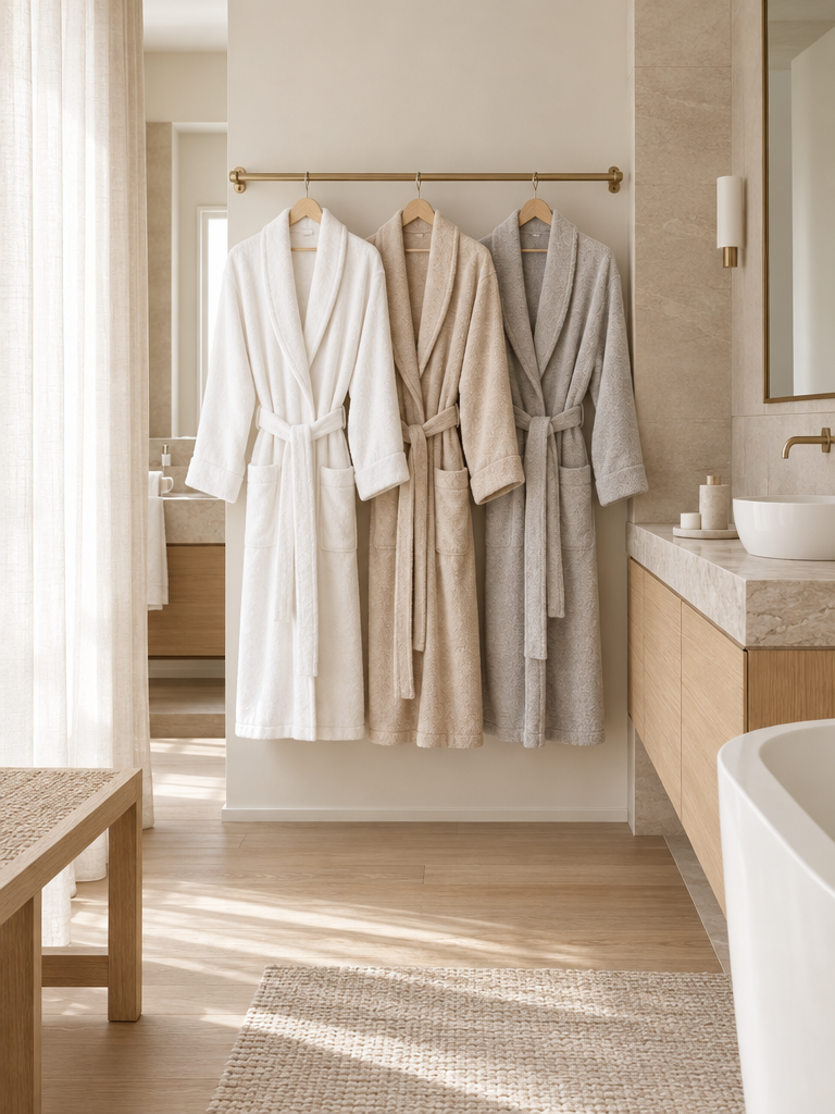 Bademantel in Weiß für Damen neben Beige und Grau auf Holzbügeln an einer Kleiderstange
