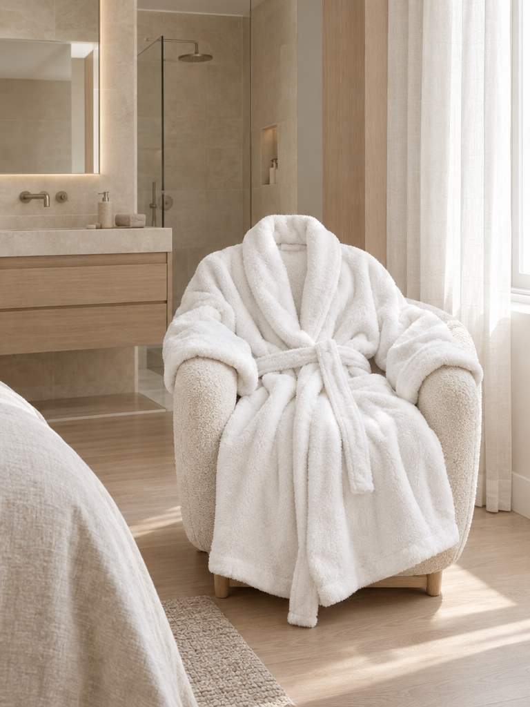Bademantel weiß flauschig aus Microflausch mit Schalkragen auf einem Sessel