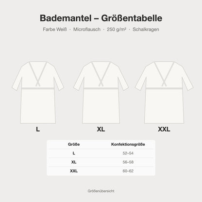 Größentabelle Bademantel weiß aus Microflausch mit Schalkragen: L, XL, XXL