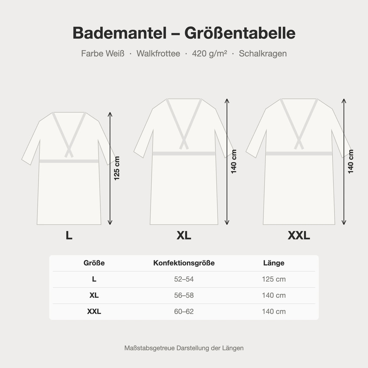 Größentabelle Bademantel weiß mit Schalkragen: L, XL, XXL