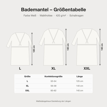 Größentabelle Bademantel weiß mit Schalkragen: L, XL, XXL