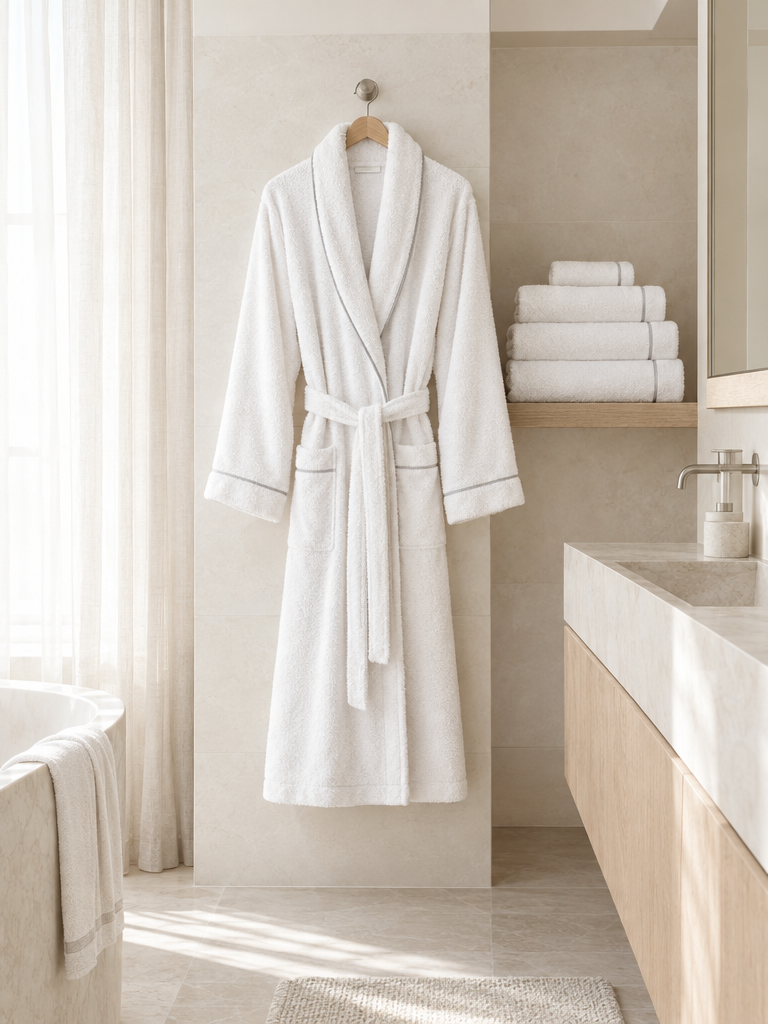 Weißer Bademantel und weiße Handtücher in einem Spa-Bad