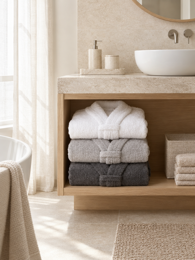 Bademantel XXL Herren in Grau großzügig gefaltet auf einem Holzregal im Bad