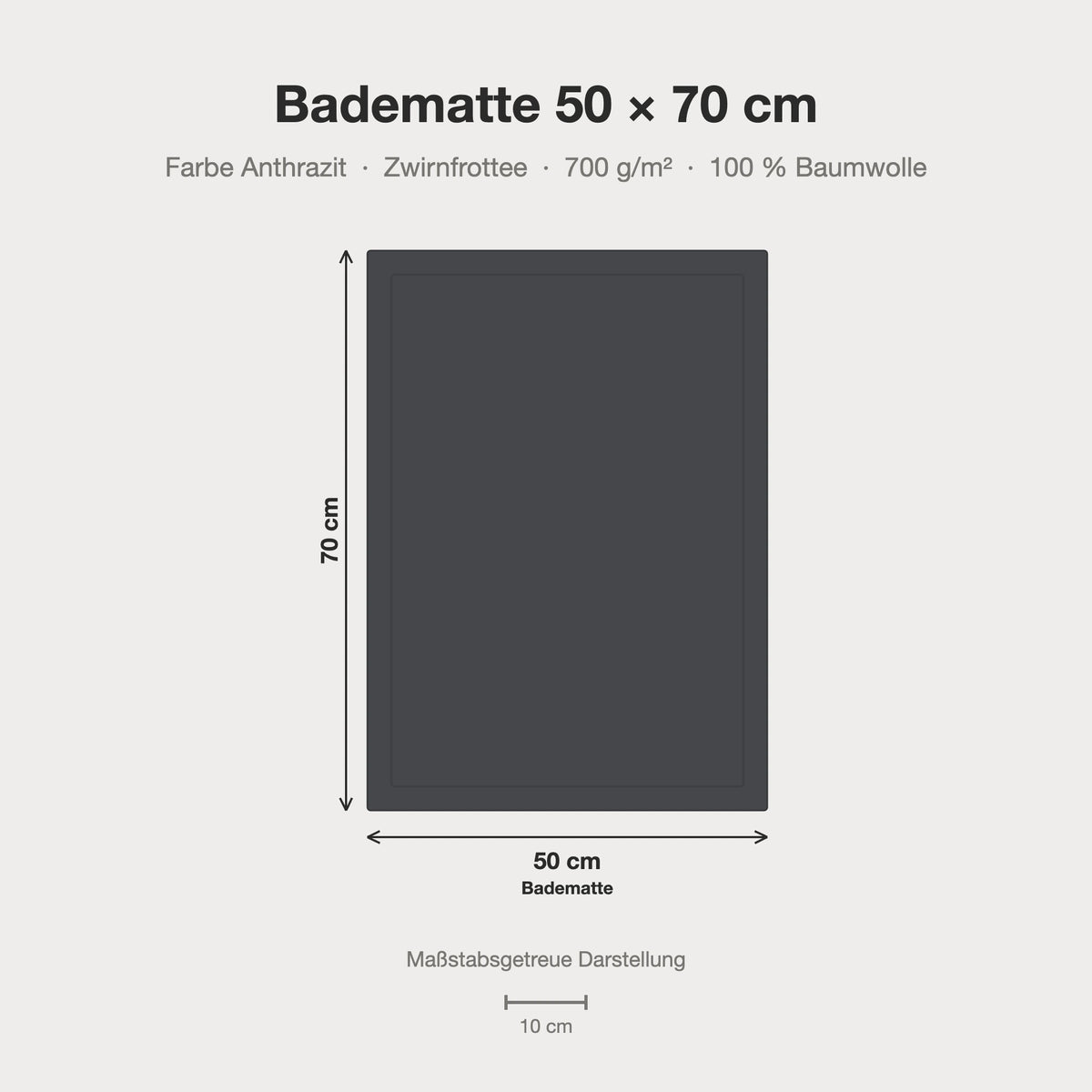 Größenvergleich: Badematte 50 x 70 cm in anthrazit dunkelgrau – maßstabsgetreue Infografik