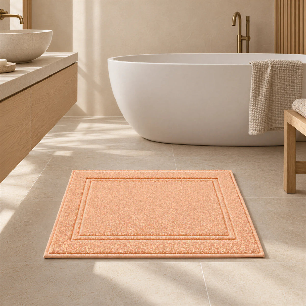 Badvorleger Apricot aus Walkfrottee im hellen Badezimmer