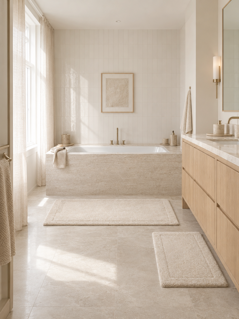 Badematte vor der Wanne und Vorleger am Waschtisch im Vergleich