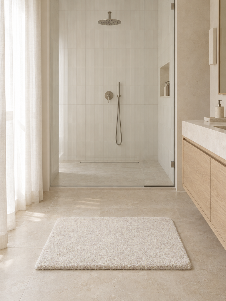Badematte aus Baumwolle vor einer Dusche in einem hellen Bad