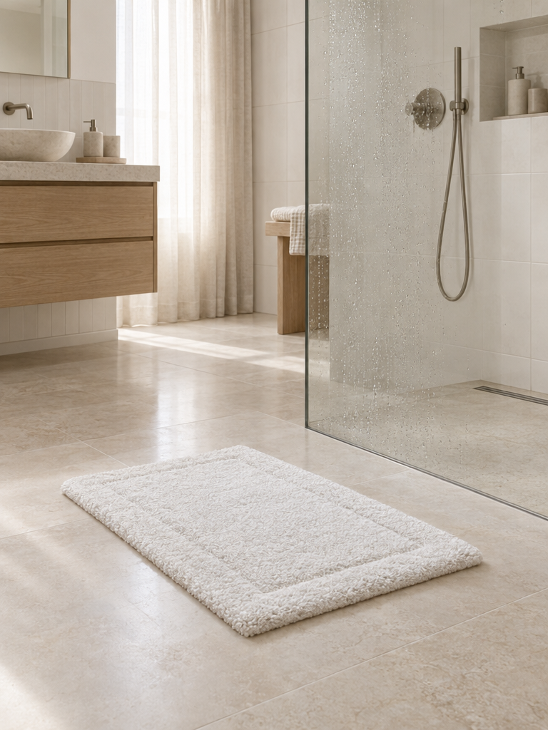 Badematte aus Baumwolle vor einer Dusche mit Glaswand