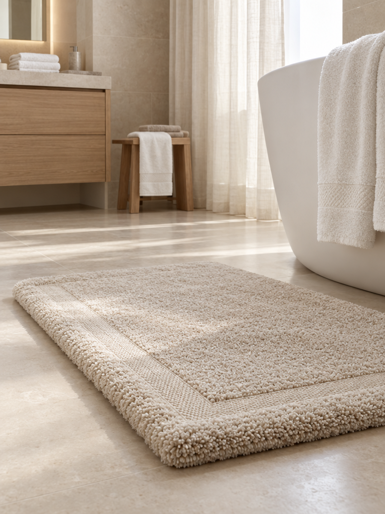 Badematte beige flauschig aus Walkfrottier mit eingewebter Jacquardbordüre