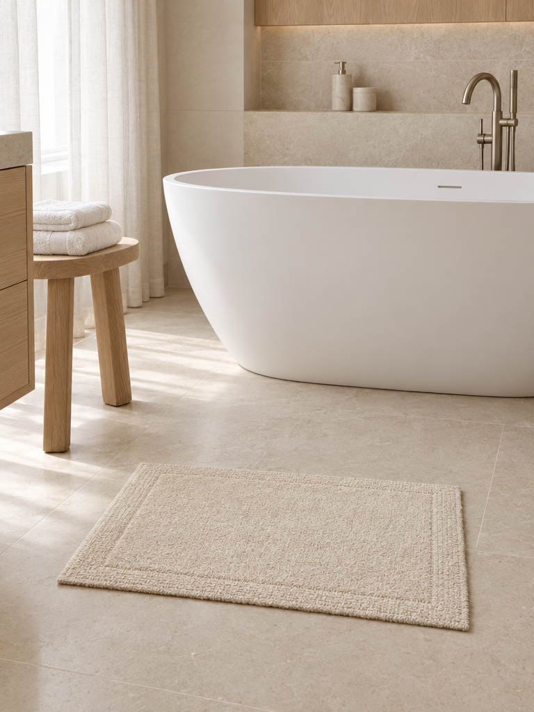 Badematte beige aus Baumwolle vor einer freistehenden Badewanne im hellen Bad