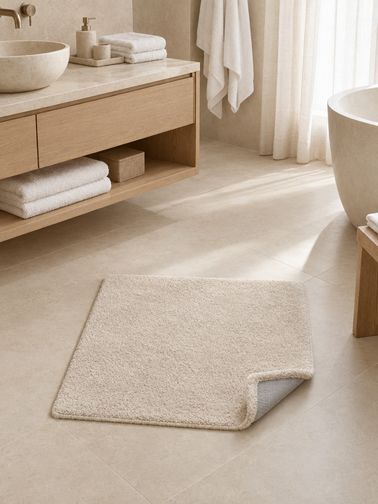 Badematte beige rutschfest auf einer dünnen Unterlage auf glatten Fliesen