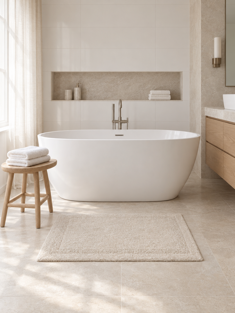 Badematte in Beige vor einer weißen Badewanne