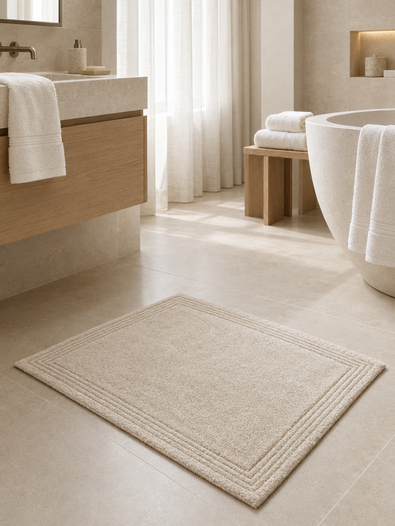 Badematte creme beige mit Stäbchenbordüre aus parallelen Rippen im Detail