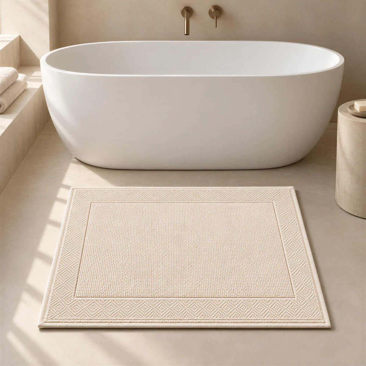 Badematte creme beige im hellen Badezimmer